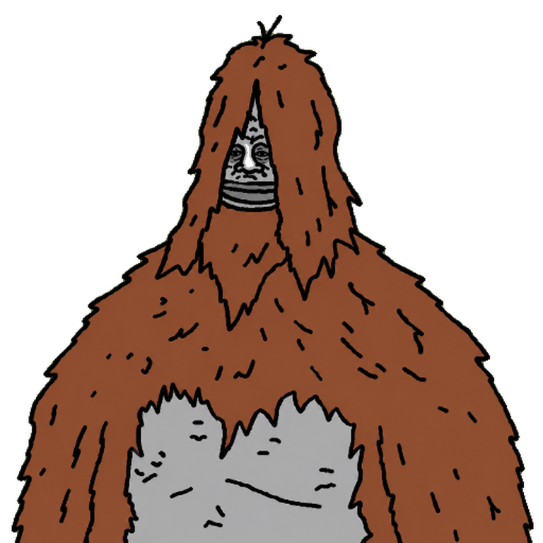 Sassy the Sasquatch, a shaggy rust-brown sasquatch with a small grey face peeking out through the fur