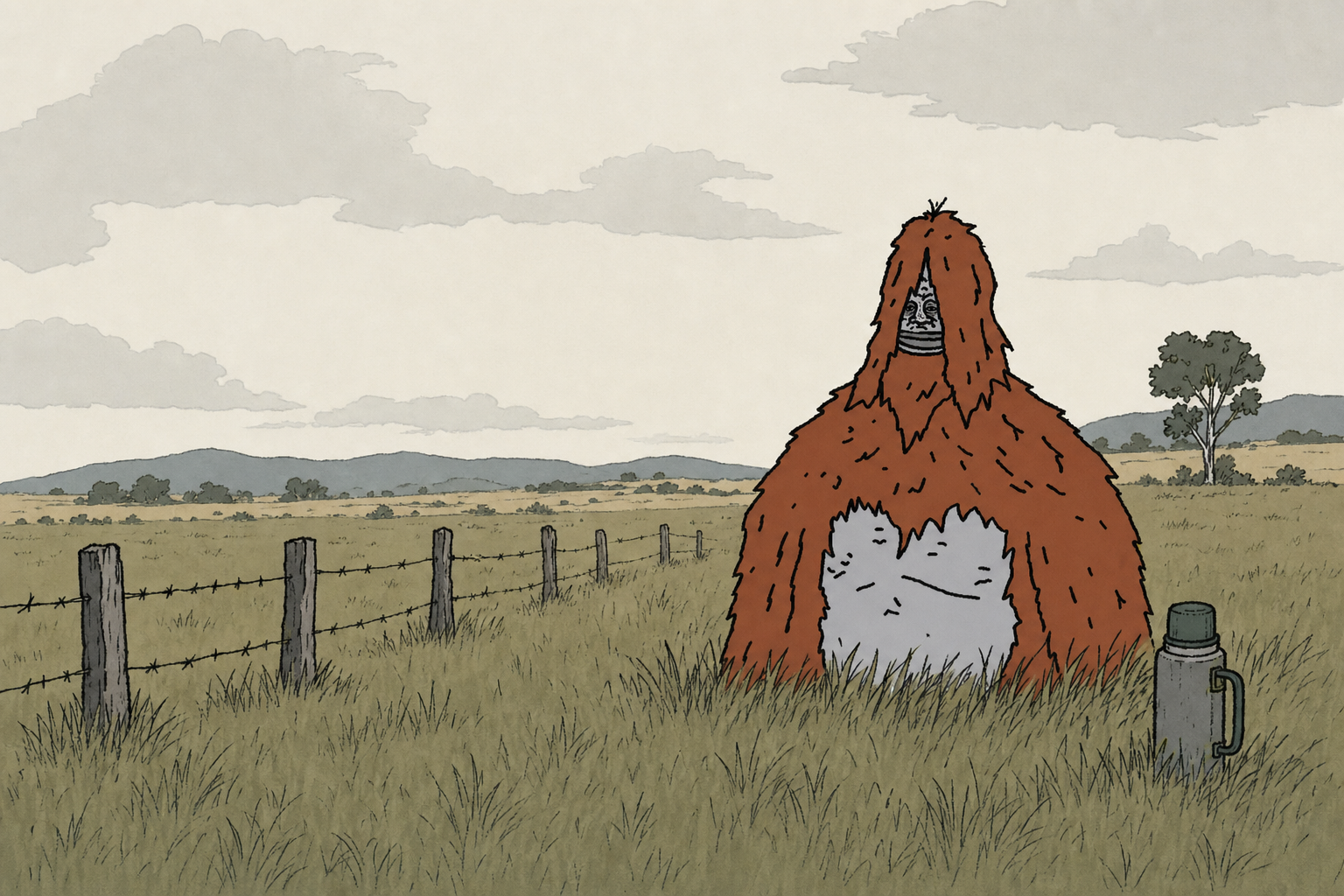 Sassy sitting in tall grass in a wide paddock beside a wire fence, a thermos within reach